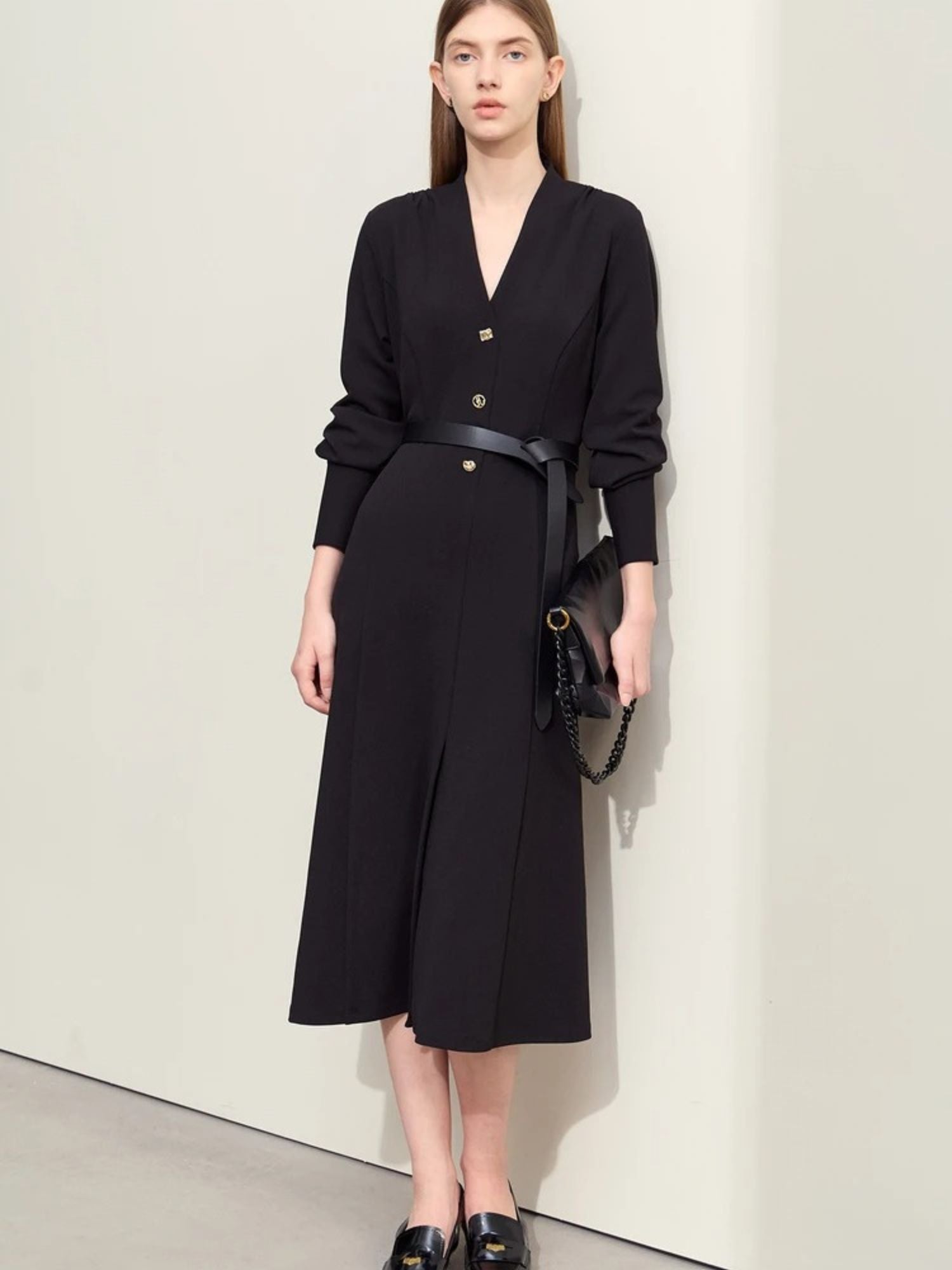 chinese dress ladies V-Neck Mid-Calf Dress with Cuffed Sleeves – Ada 'n Avery