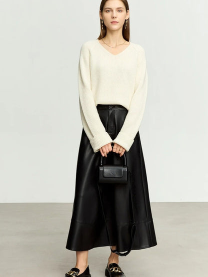 A-Line Leather Skirt with Button