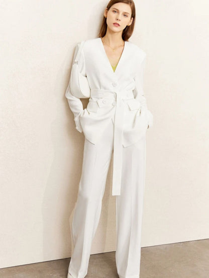 Minimalist V-Neck Blazer and Wide-Leg Trouser Set