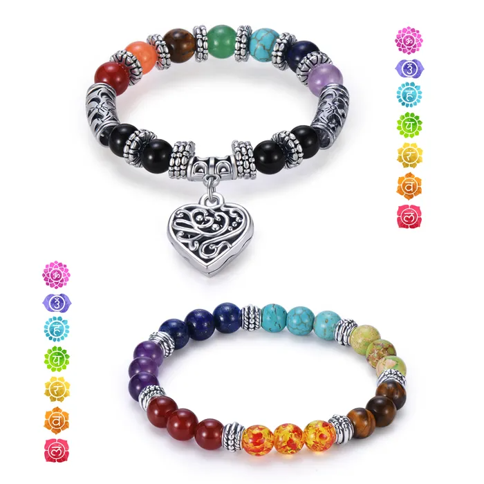 Colorful beaded bracelets with a heart pendant on a white background with chakra symbols on each side.