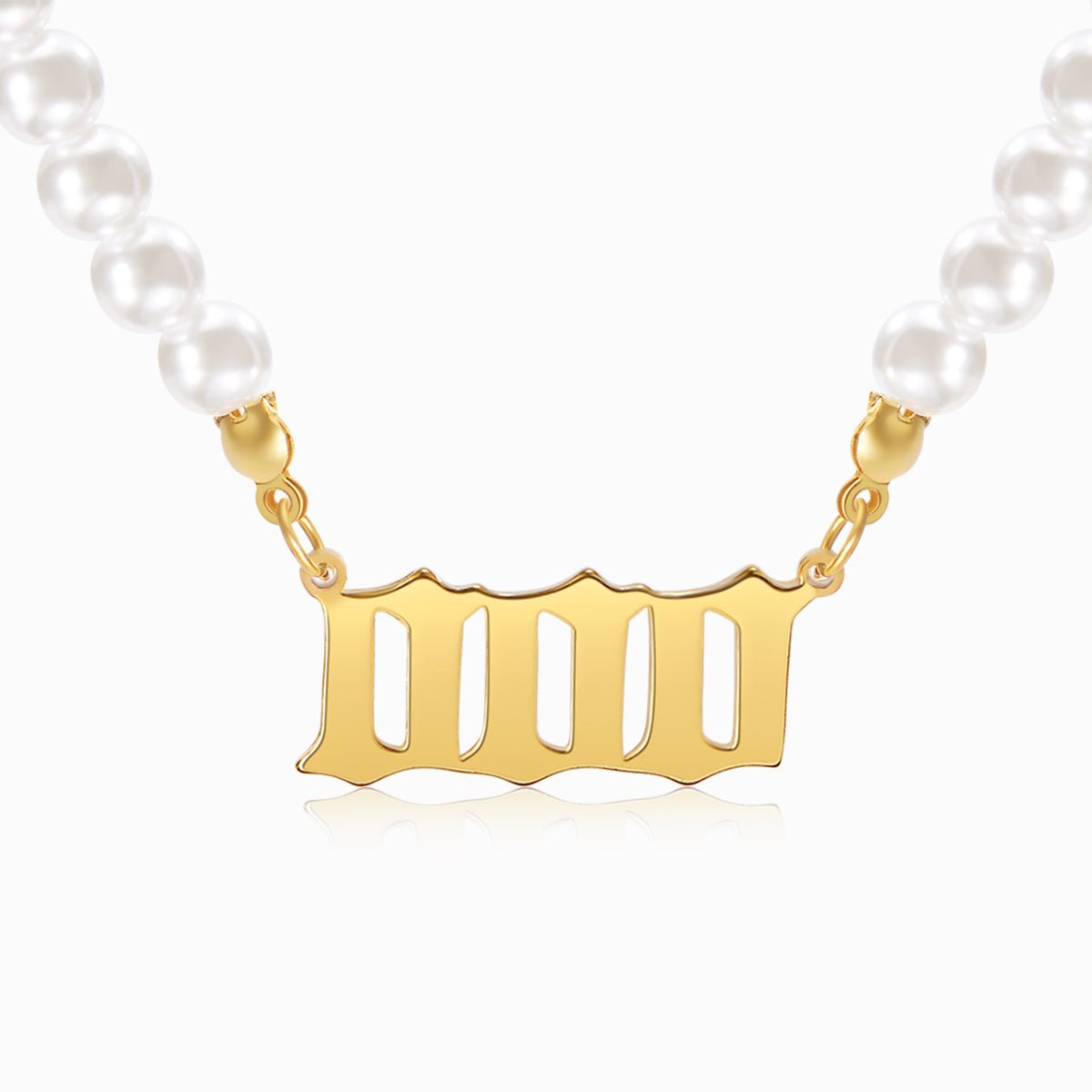 Pearl necklace with gold three zero digits pendant on a white background