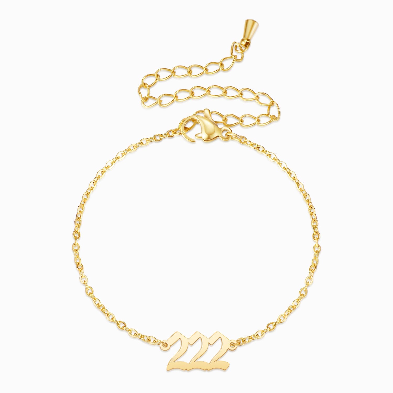 Gold angel number 222 bracelet on a white background