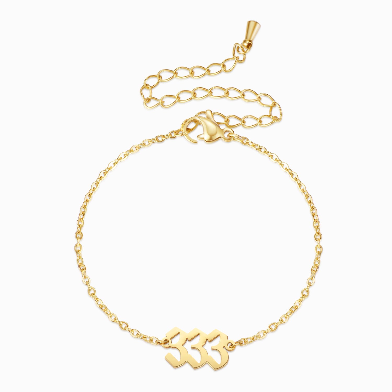 Gold angel number 333 bracelet on a white background