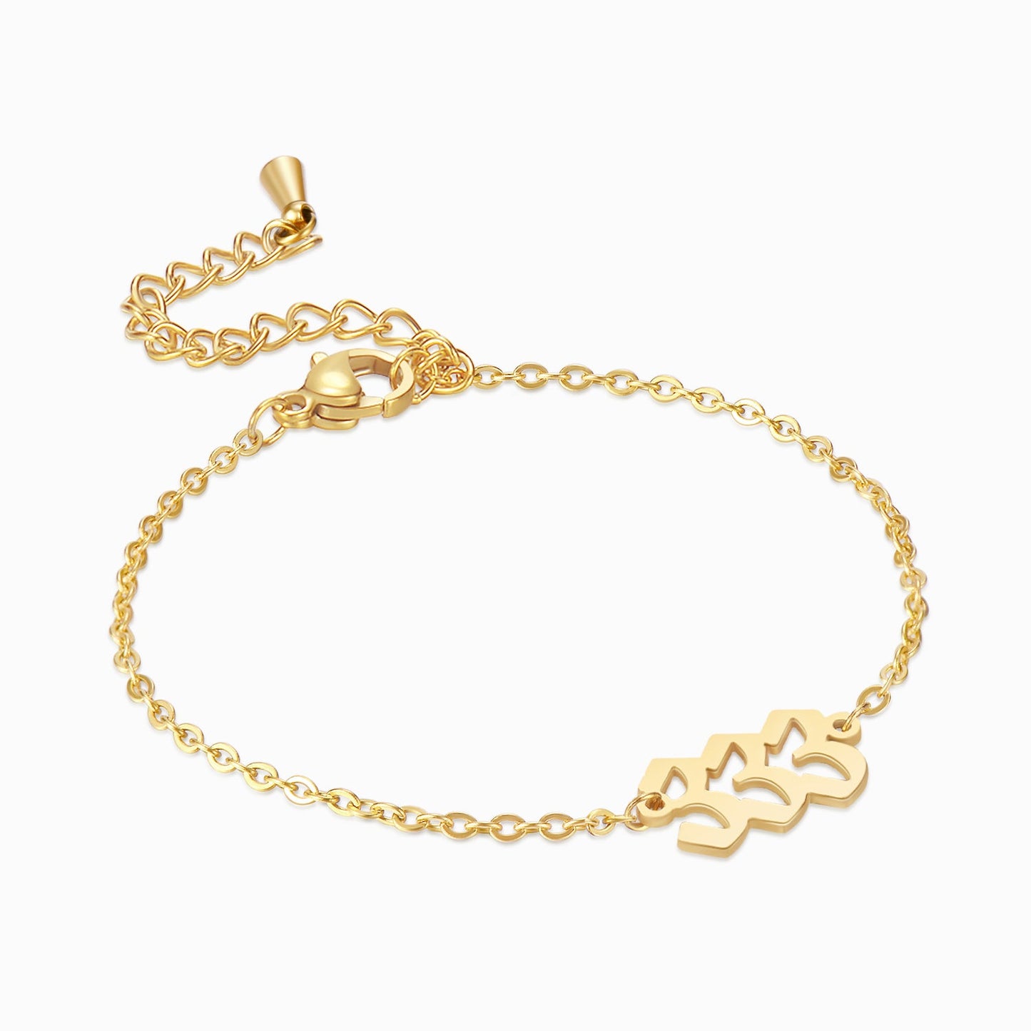 Gold angel number 333 bracelet on a white background