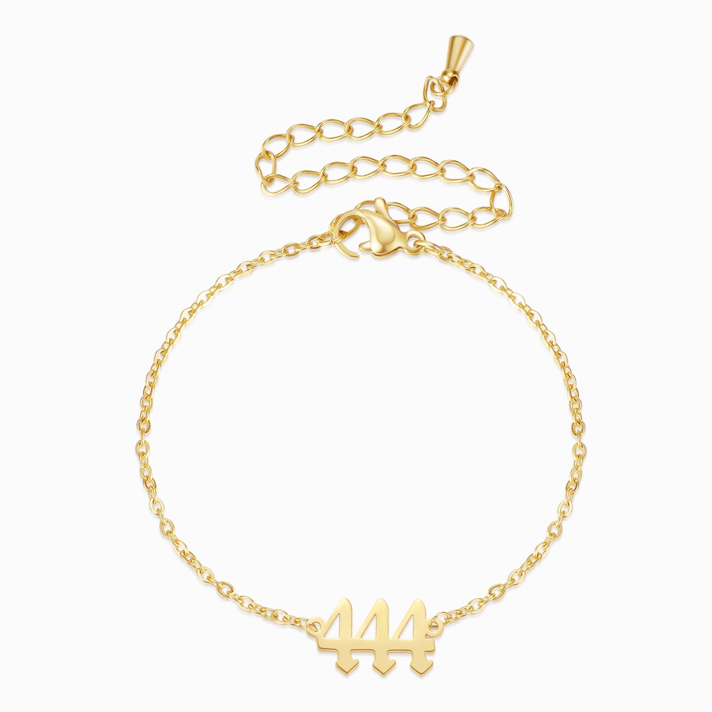 Gold bracelet with angel number 444 on a white background.