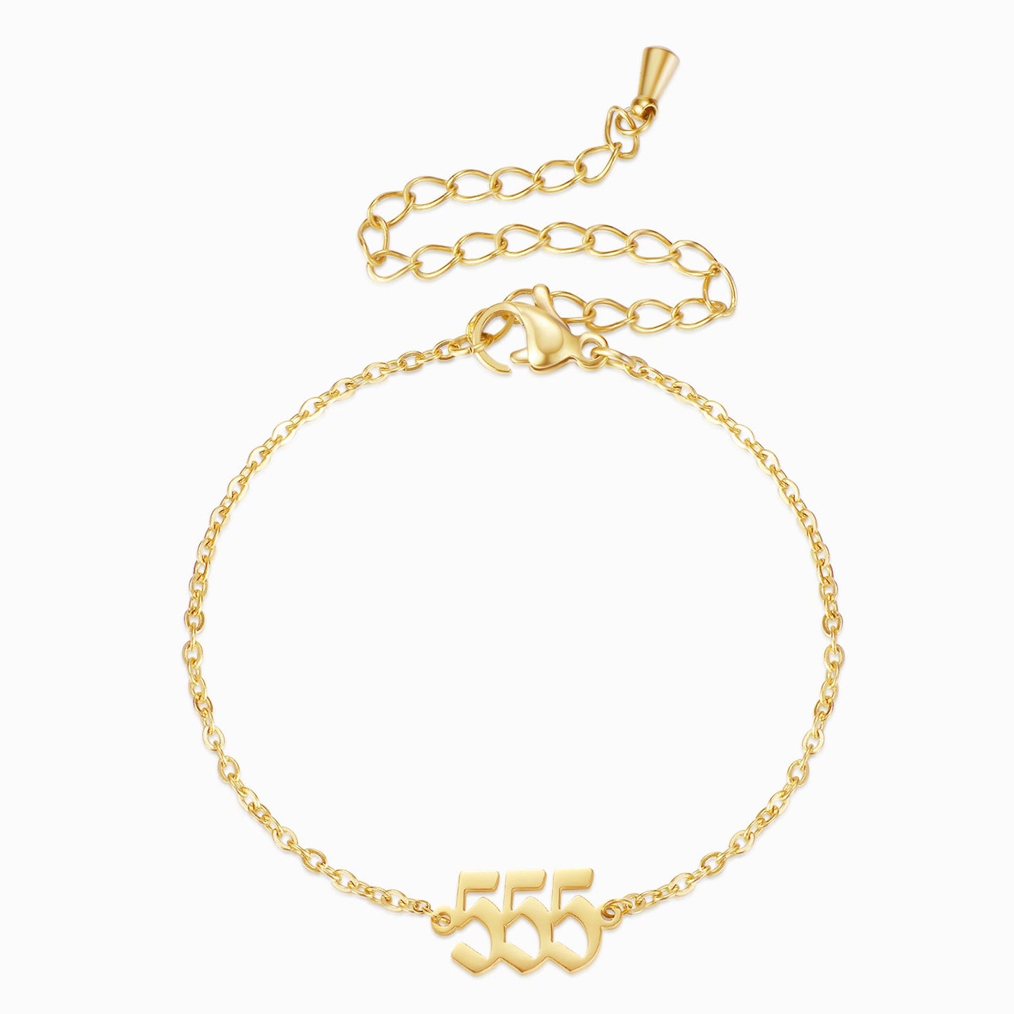 Gold bracelet with angel number 555 on white background