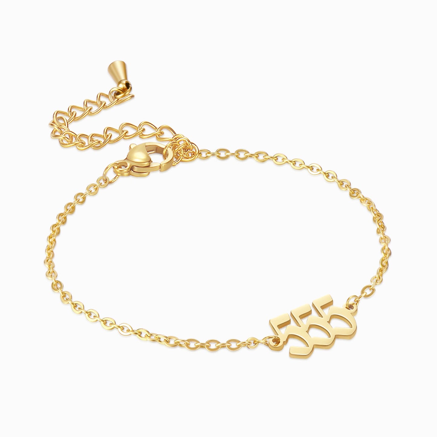 Gold bracelet with angel number 555 on a white background