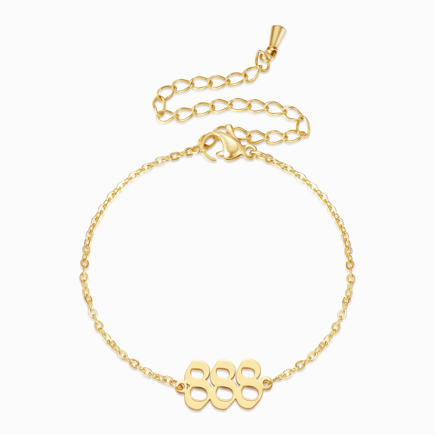 Gold chain bracelet and gold angel number 888 on white background