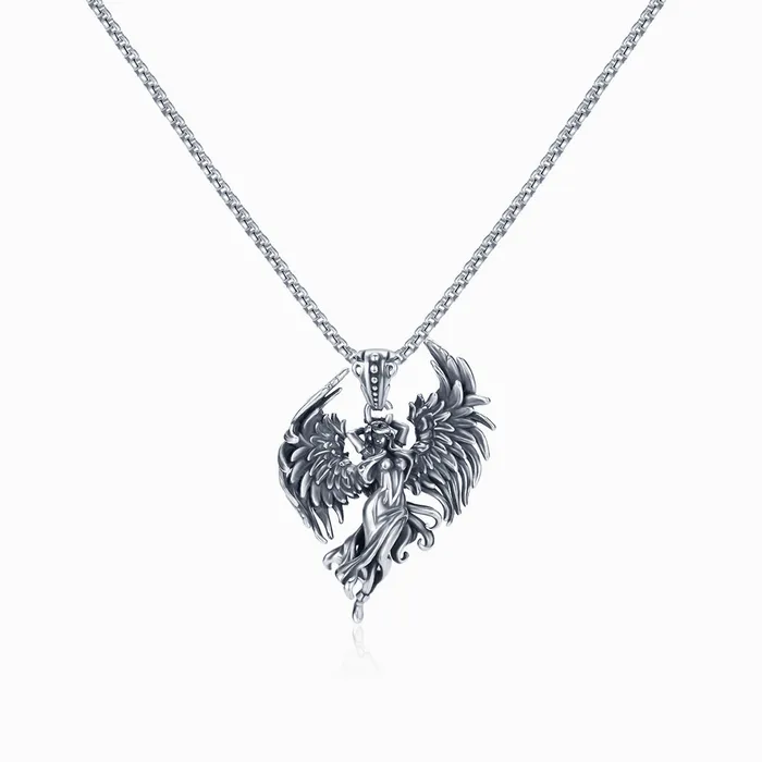 A silver angel necklace on a white background.