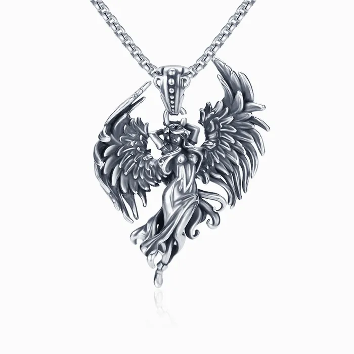 A silver angel necklace on a white background.