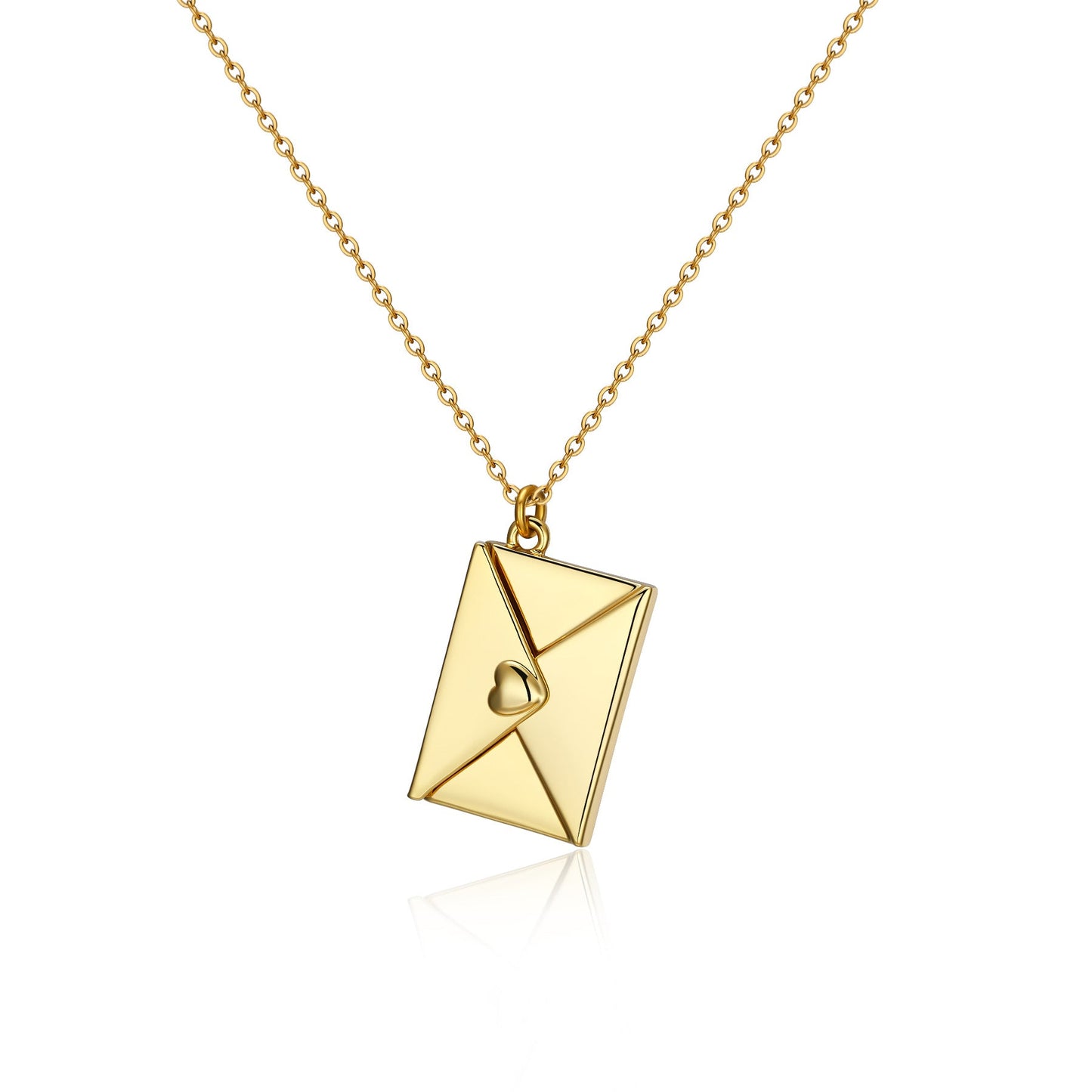 A gold chain necklace with an envelope-shaped pendant.