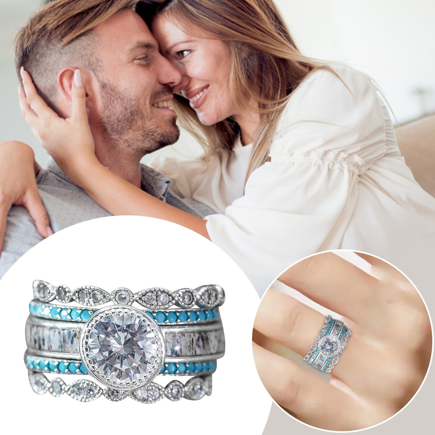 An image of a couple featuring Silver rings embellished with stones and turquoise colored designs on a white background and one worn on woman's ring finger.