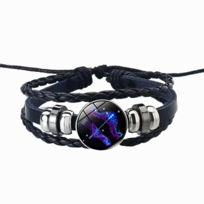 sagittarius black leather bracelet on white background