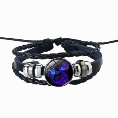 aquarius black leather bracelet on white background