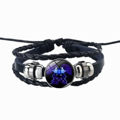 gemini black leather bracelet on white background