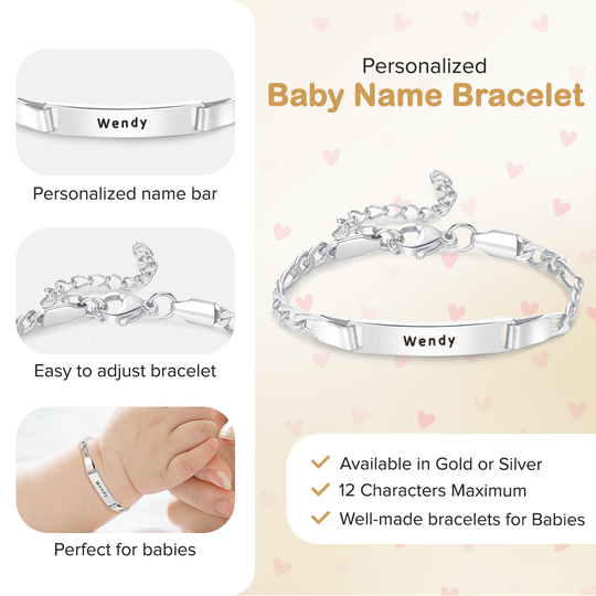 A silver plated personalized name bracelet with product details