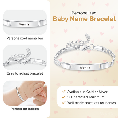 A silver plated personalized name bracelet with product details