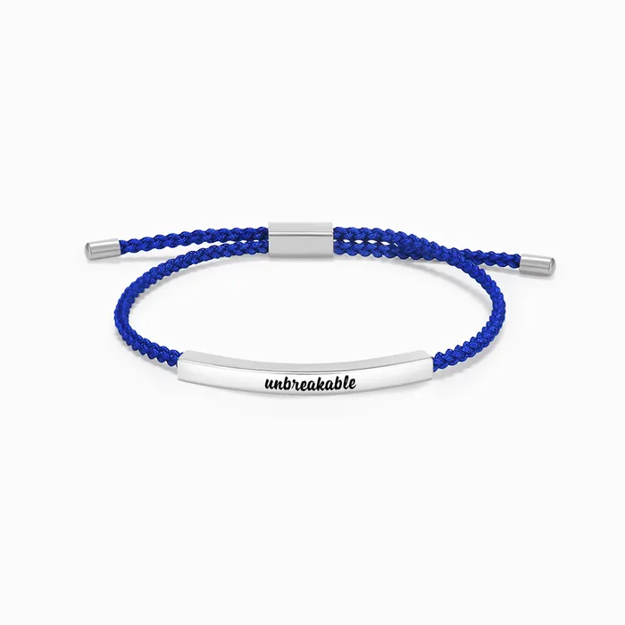 blue rope with silver bar with "unbreakable" text engraving on a white background