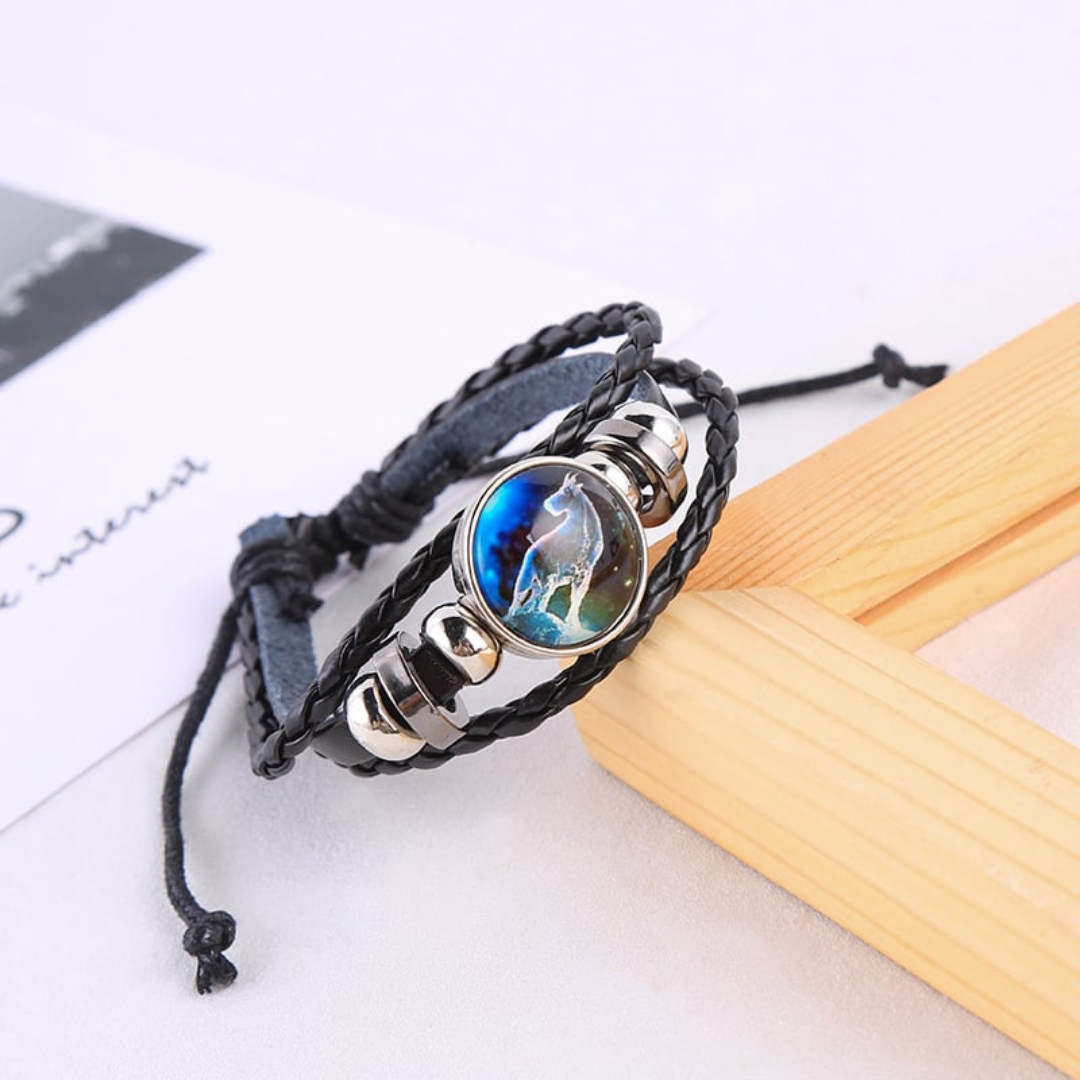 Black braided leather bracelet with a circle pendant that has a Capricorn astrological symbol