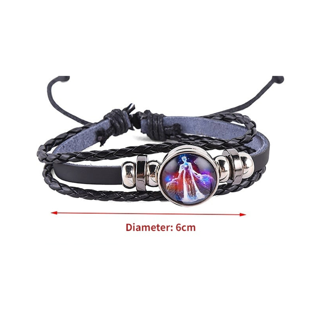 Black braided leather bracelet with a circle pendant that has a Virgo astrological symbol and a diameter measurement