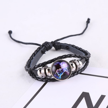 Black braided leather bracelet with a circle pendant that has a Scorpio astrological symbol