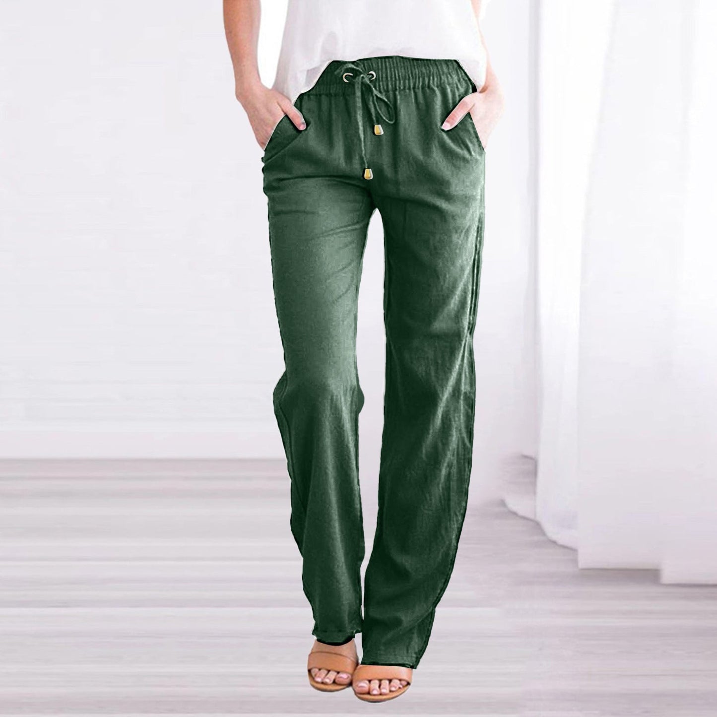 Ivyshape | Lightweight airy leisure pants with elastic waistband